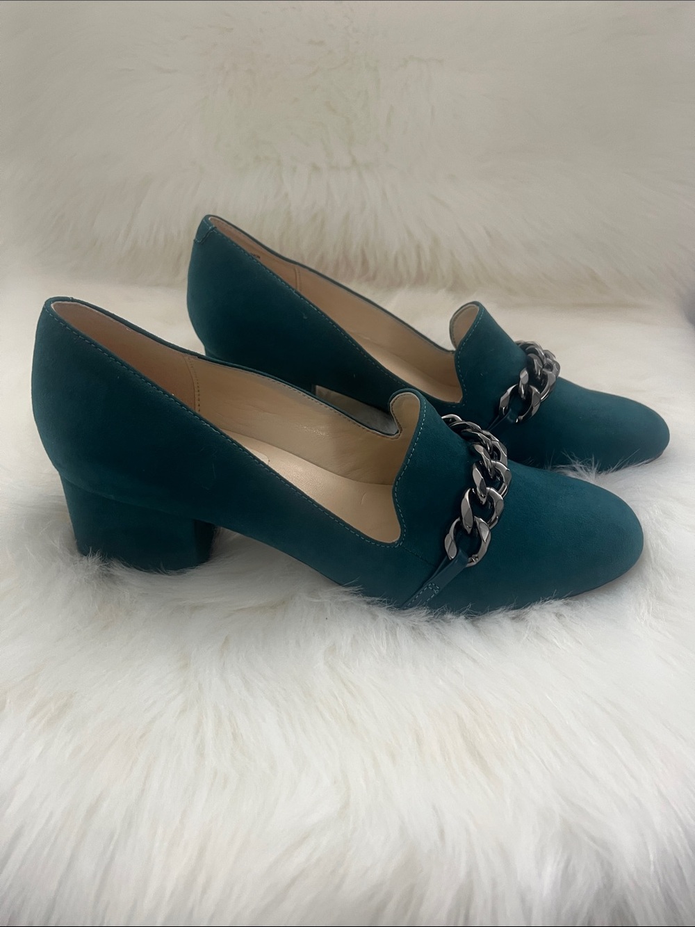 Nine West Teal Chain-Trim Block Heel Loafers
